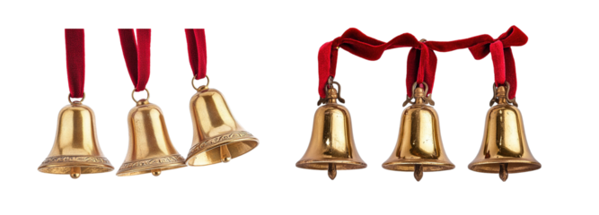 set of gold bells with red ribbons. isolated on transparent background