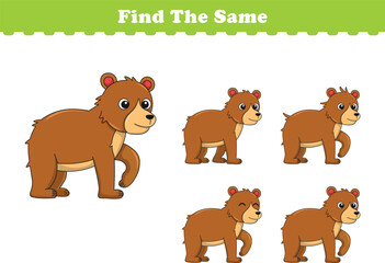 Fototapeta premium Funny cartoon bear. Find same pictures. Educational game for children. Cartoon vector illustration