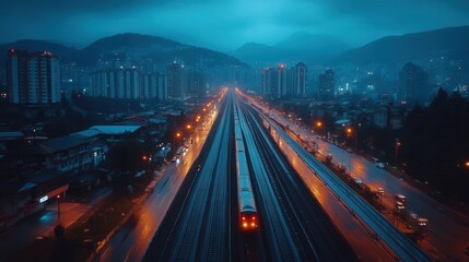 Obraz premium A train travels through the urban landscape at night, city lights reflecting in the distance.