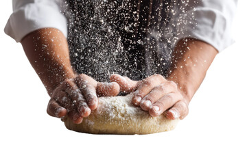 Hands kneading dough with flour dusting against black background, cut out