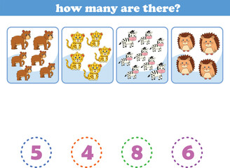 Counting game of wild animals for preschool kids. Printable. Vector Illustration