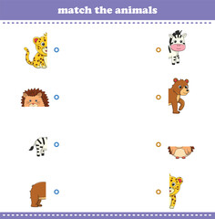 Match halves of cute cartoon wildlife animals. Logical game for kids