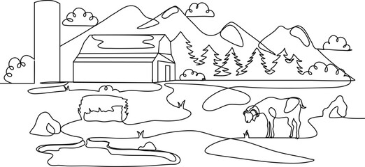 Continuous Line Art Landscape of Mountain Farm with Barn, Goats, Hay, Trees, and River