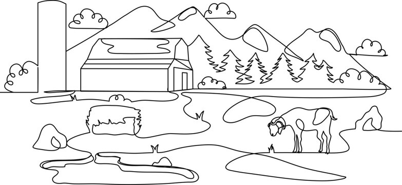 Continuous Line Art Landscape of Mountain Farm with Barn, Goats, Hay, Trees, and River