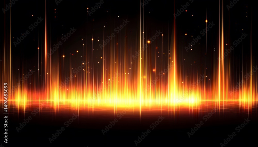 Poster dynamic, vertical light patterns on a dark background.
