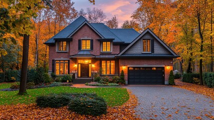 A beautiful brick house with dark roof and garage surrounded by autumn trees at dusk or early evening