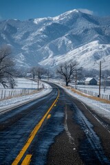 Fototapeta premium Snowy Country Road Winding Through Mountains