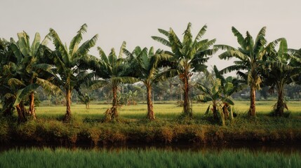 Banana trees in rice paddy landscape
