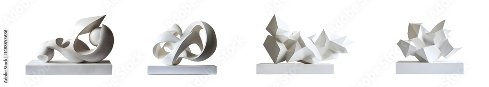 Poster set of abstract sculpted forms arranged on a platform. isolated on transparent background