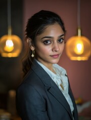 A young professional woman in a stylish dark grey blazer poses confidently against a softly lit background, showcasing elegance and modern business attire.
