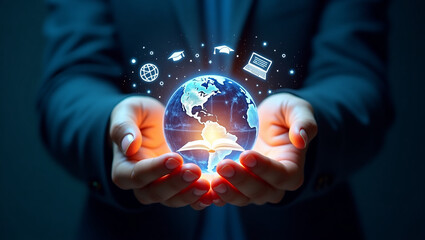A person holding an open book with a glowing digital globe above it, symbolizing global knowledge, education, and technology interconnected in a futuristic way.


