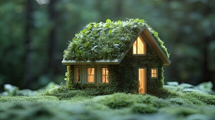 A miniature house covered in moss with illuminated windows in a blurred forest setting outside view