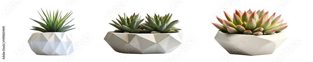 Aufkleber set of geometric planter arrangements of succulents in various shades. isolated on transparent backg