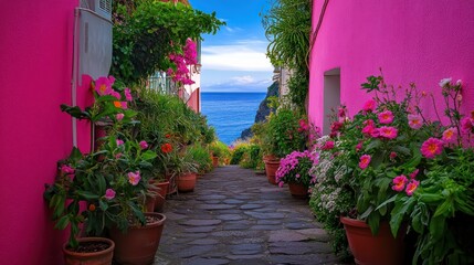 Fototapeta premium Vibrant pink alleyway, flourishing gardens, ocean vista