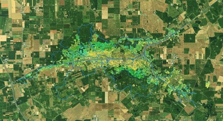 Aerial view of a rural area with varying shades of green and brown, highlighting different land use types