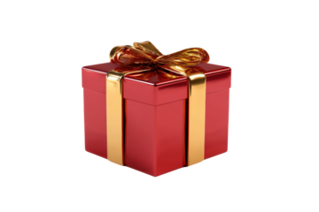 Shiny red gift box with gold ribbon and bow, cut out