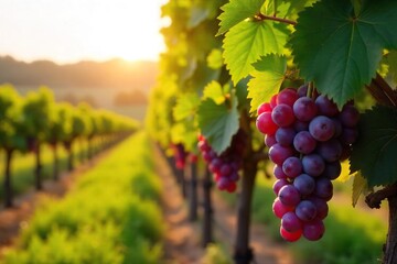 Fototapeta premium Sun-drenched rows of ripe grapes hanging heavy on the vine in a picturesque vineyard, ready for harvest Golden sunlight bathes the landscape , eco-friendly, sun, vineyard landscape