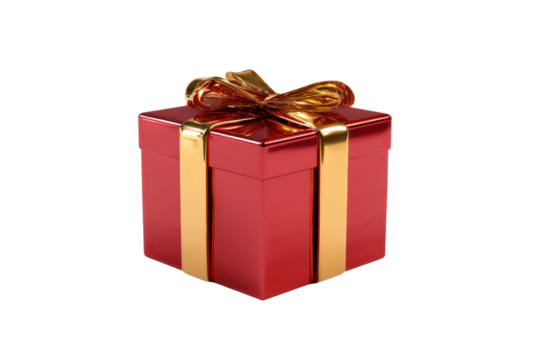 Shiny red gift box with gold ribbon and bow, cut out - Powered by Adobe