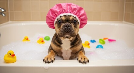 A French Bulldog in a bath