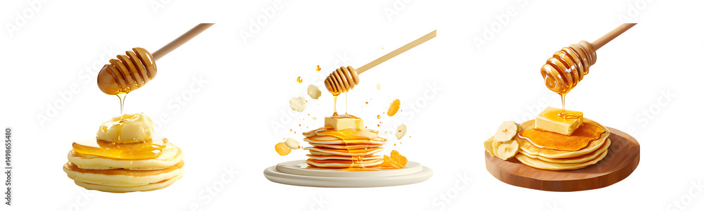 Poster set of colorful stack of pancakes with honey and butter. isolated on transparent background