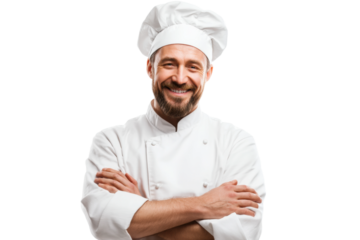 Smiling caucasian male chef in uniform and hat crossing arms, cut out