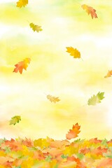 夕焼けを背景にオークの葉が舞う風景。水彩画を使用した秋らしい縦長イラスト。