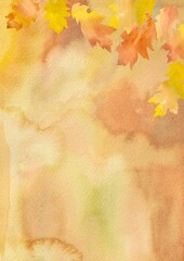 茶色背景のオークの縦長フレーム。秋らしい色合いの水彩イラスト。