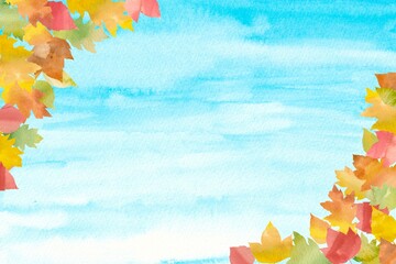 青空を背景にしたカラフルな落ち葉フレーム。秋の水彩イラスト。