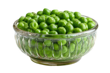 Fresh green peas in glass bowl on black background, cut out