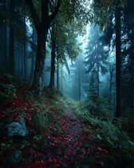 Autumn Forest Path Shrouded in Fog