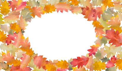 カラフルに色づいた葉で形作った丸いフレーム。秋らしい水彩イラスト。