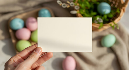 Obraz premium Blank Easter greeting card mockup pastel eggs spring holiday design template