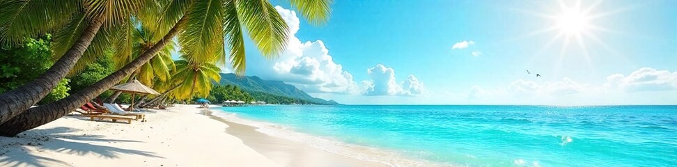 Fototapeta premium Sun-drenched beach scene with vibrant turquoise water, gently swaying palm trees, and soft white sand Perfect for summer vacation, travel, and carefree vibes , fun, warm