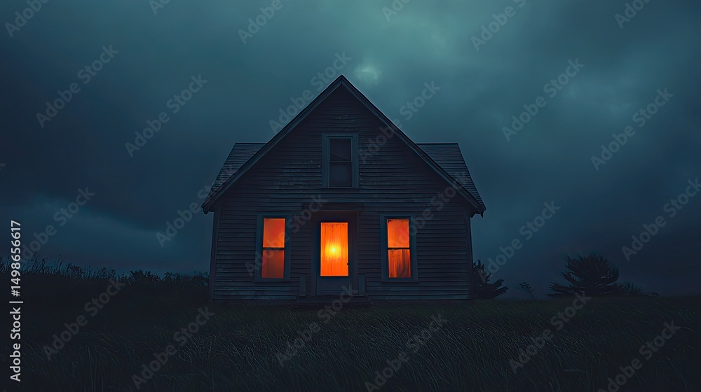 Poster isolated house with glowing windows under a dark sky creating a sense of mystery and foreboding