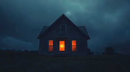Isolated house with glowing windows under a dark sky creating a sense of mystery and foreboding