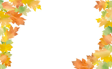 カラフルに色づいたオークの落ち葉で形作ったフレーム。秋らしい水彩イラスト。