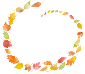 風に舞うカラフルな落ち葉で形作った丸いフレーム。水彩画を使用した可愛いイラスト。