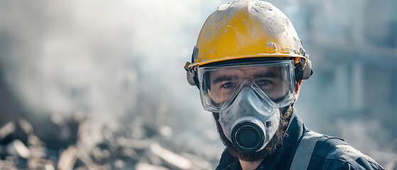 Obraz premium Worker in Protective Gear Amidst Debris