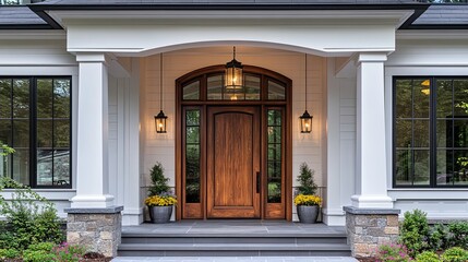 A wooden front door with sidelights and transom window under a white portico with hanging lanterns