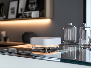 A compact indoor antenna glowing softly on a glass shelf