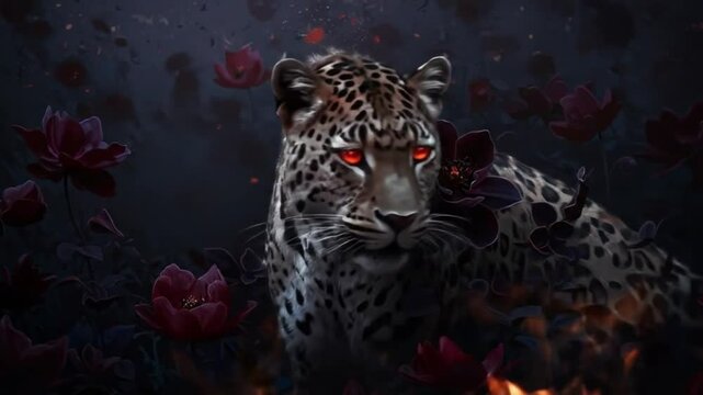 A fierce leopard with glowing red eyes amidst dark floral background and flames below it