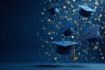 graduation caps and confetti falling from the sky