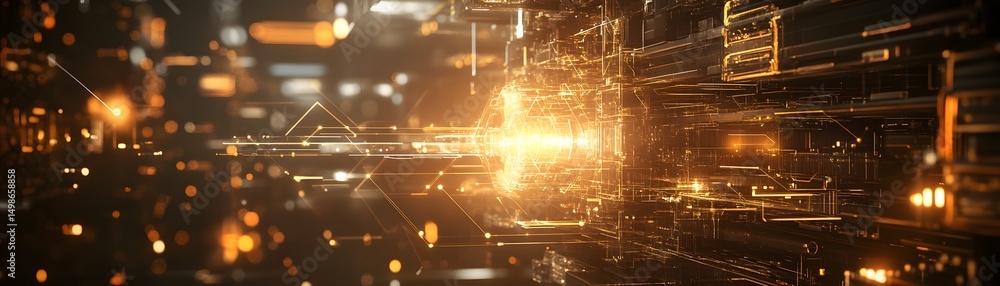 Poster intricate network of glowing technological structures.