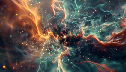 A swirling nebula filled with vibrant colors and sparkling particles.