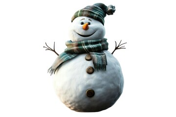 Festive snowman with scarf and hat on white background