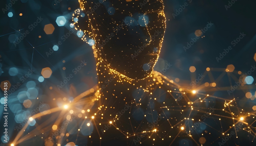 Poster digital representation of a human form with interconnected glowing points.