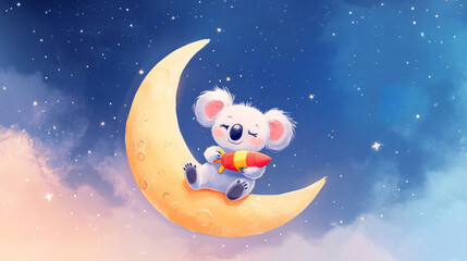 Fototapeta premium Cute vintage cartoon koala mascot sitting on a crescent moon, holding a retro rocket toy. Flat geometric shapes, chibi proportions, thick black outline, minimal facial details with dots and curves. Si