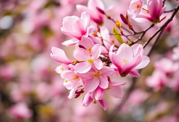 Obraz premium Delicate pink cherry and magnolia blossoms in springtime, soft bokeh background, flowering tree, blossom