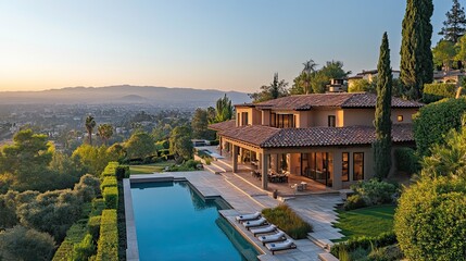 Naklejka premium Aerial view of luxury home with pool overlooking city and mountains at sunset with clear sky