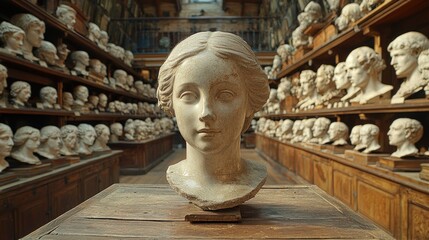 Ancient bust amidst antique heads